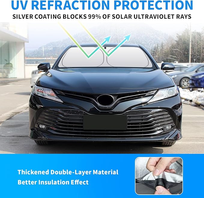 Thickened 2-Layer Front Windshield Sun Shade Compatible for Toyota Camry XV70 2017-2023, Foldable Custom Fit Sunshade Blocks 99% Heat, Keeps Car Interior Cool (for Camry XV70 2017-2023)