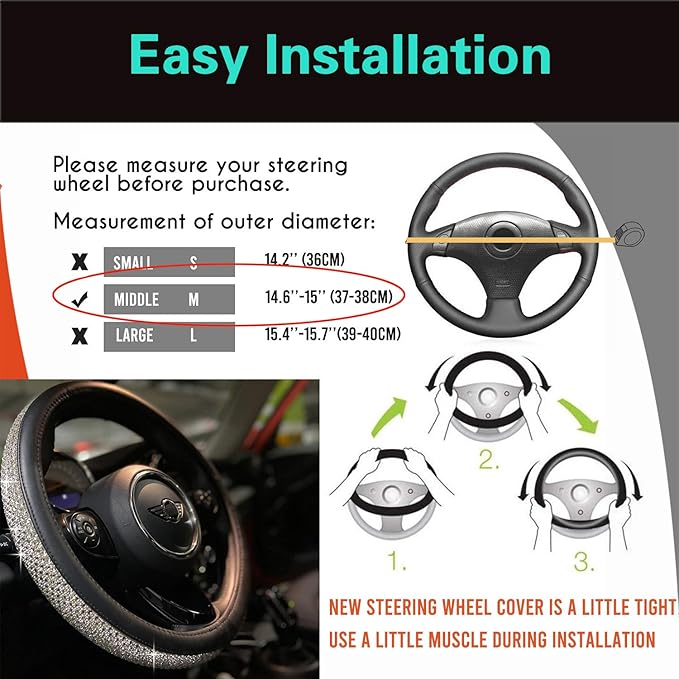 PINCTROT Bling Bling Comfy Steering Wheel Cover with Jumbo Crystal Rhinestones, Anti-Slip Diamond Leather Car Steer Cover (Gold)
