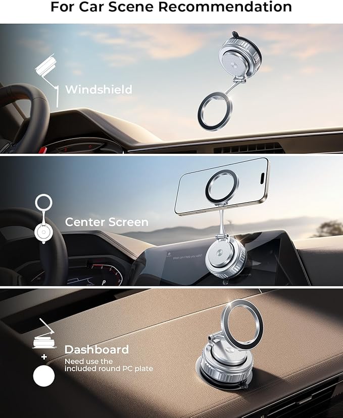 Haassue 2026 Upgraded Vacuum Magnetic Car Phone Holder [89+LBS Suction/2800gf Magnet], Suction Cup Phone Mount, Ultra-Strong Magnetic Stand for Car/Mirror/Gym/Kitchen/iPhone17 16 15 14 13 12, Silver