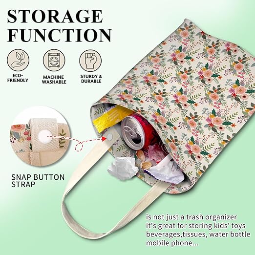 ABUIFDK Car Trash Can, Cute Car Trash Bag, Hanging Car Organizer and Storage Bag, Trash Bin for Car Accessories, Vehicle, Travelling, Camping Cute White Floral