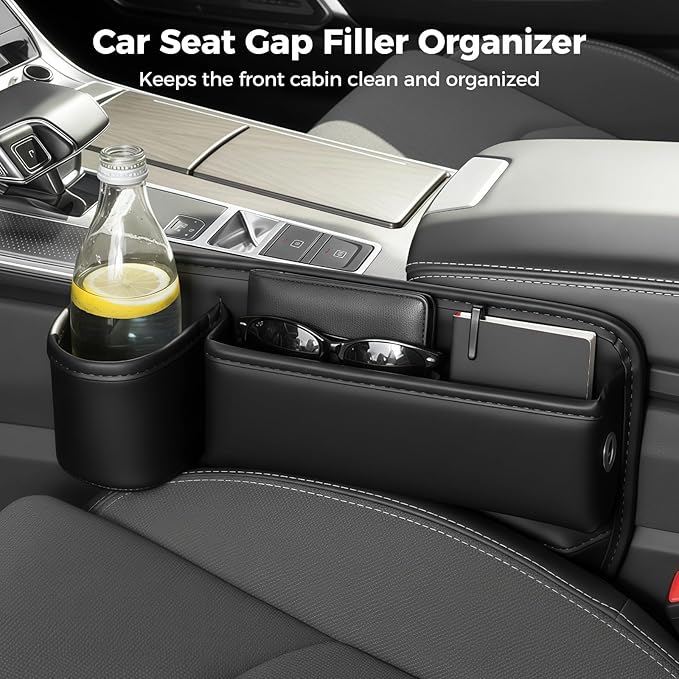 Toyosport 2 PCS Car Seat Gap Filler Organizer, PU Leather Side Console Storage with Cup Holder, Car Extra Compartments for Cans Phones Keys Wallets, Easy Wipe Clean, Universal Fit