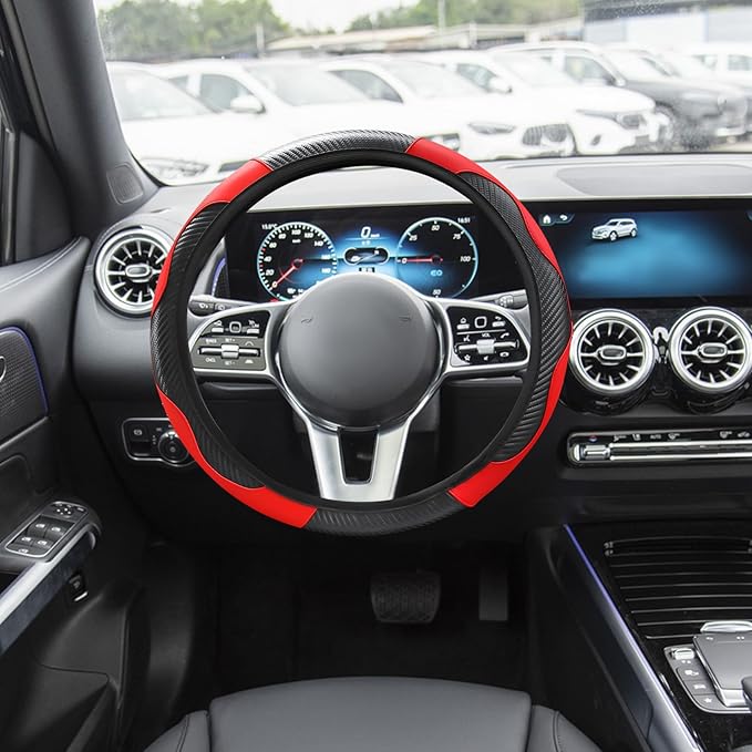 Car Steering Wheel Cover, 15 Inch Carbon Steering Wheel Cover, Breathable Anti-Slip Steering Wheels Accessories for Men Women, Car Interior Accessories for Most Cars