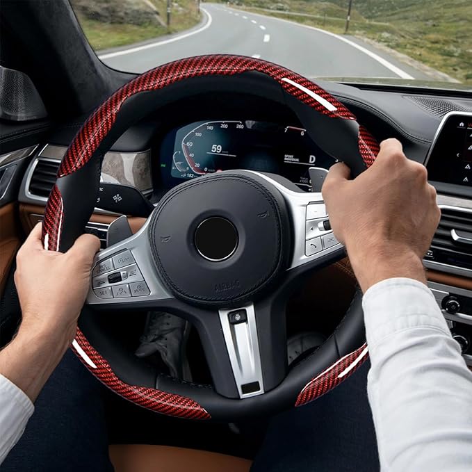 LevChall 3-Piece Carbon Fiber Steering Wheel Cover, Anti-Slip & Segmented Thin Design for Comfort Grip, Universal Fit 99% Cars SUV Truck,Red