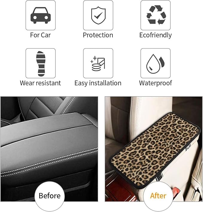 Leopard Car Center Console Cushion Pad Brown Cheetah Universal Armrest Seat Cover Protector Animal Comfortable Arm Rest Covers Car Decor Accessories Fit for Most Cars, Vehicles, SUV