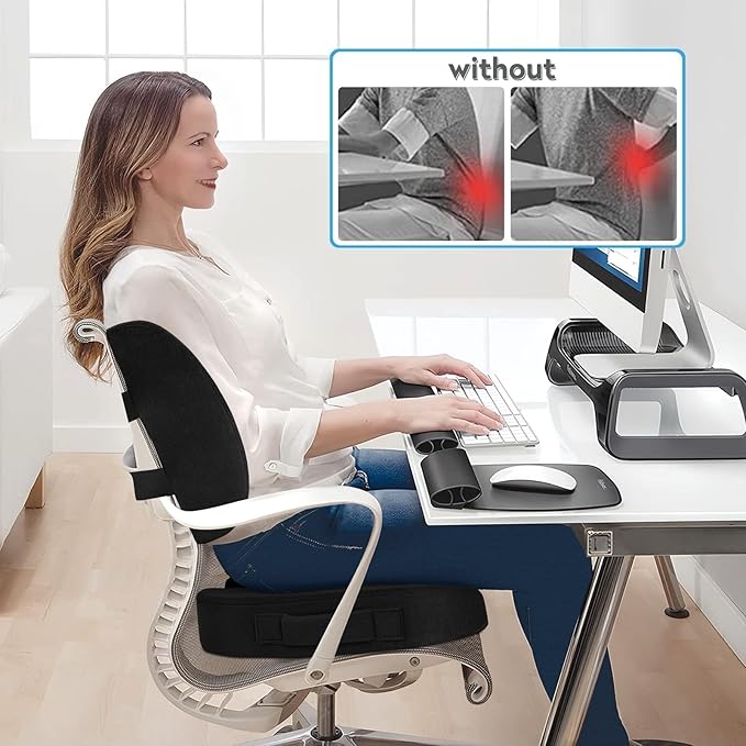 CloudBliss Lumbar Support Pillow & Seat Cushion Set for Office Chair, Desk Chair, Wheelchair & Car – Memory Foam Back Support, Ergonomic Chair Cushions, Sciatica Pain Relief, Home Essentials, Black