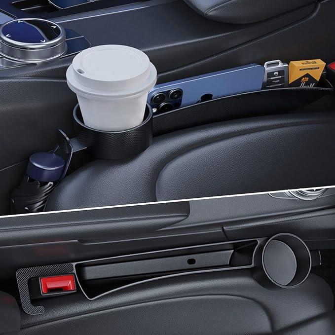 Car Seat Gap Plug with Storage Slot, Auto Gap Filler Organizer with Cup Holder, Universal Carseat Side Gap Filler Strip 2 Pack Between Front Seats & Console, Anti-Drop Pad with Seatbelt Holes, Black