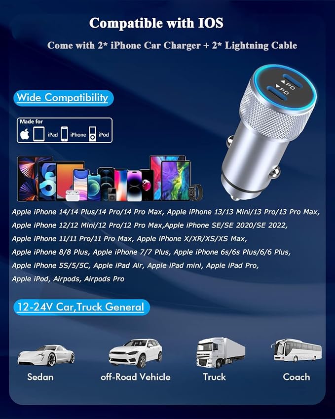 iPhone Car Charger,【2Pack】Dual Port USB C Fast Charger Car Power Adapter [Apple MFi Certfied] Apple Charging Cigarette Lighter with 2Pack Lightning Cable for iPhone 14 13 12 Pro 11 X SE 8 iPad- Silver