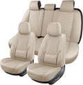 hoozoom Leather Car Seat Covers Full Set Breathable Automotive Seat Covers Waterproof Seat Protectors Universal Fit for Most Automotive Cars SUV Trucks Van (Beige, Full Set)