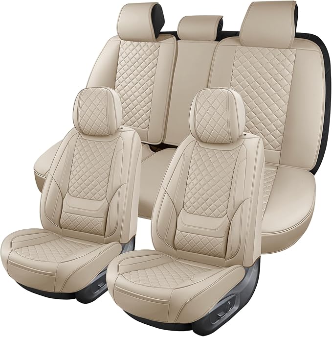hoozoom Leather Car Seat Covers Full Set Breathable Automotive Seat Covers Waterproof Seat Protectors Universal Fit for Most Automotive Cars SUV Trucks Van (Beige, Full Set)