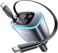 USB C Cable iPhone Car Charger, Retractable Fast USB C Phone Charger, Cigarette Lighter Adapter with 2 USBC Cables 30 Inch and 2 USB Ports, Multi Port Car Charging for iPhone 17/16/15/Pro Max-Gray