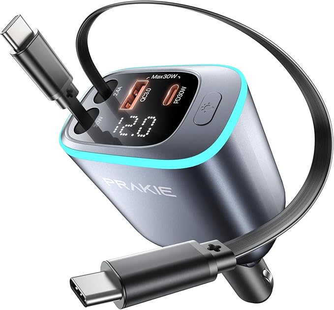 USB C Cable iPhone Car Charger, Retractable Fast USB C Phone Charger, Cigarette Lighter Adapter with 2 USBC Cables 30 Inch and 2 USB Ports, Multi Port Car Charging for iPhone 17/16/15/Pro Max-Gray