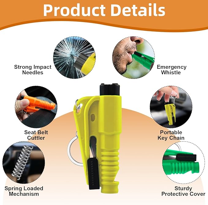 JINRUITOP 16Pcs Car Window Breaker Key Chains, Portable 3 in 1 Glass Breaker/Seat Belt Cutter/Survival Whistle, Safety Emergency Escape Tools, Multifunctional Car Accessories for All Vehicles