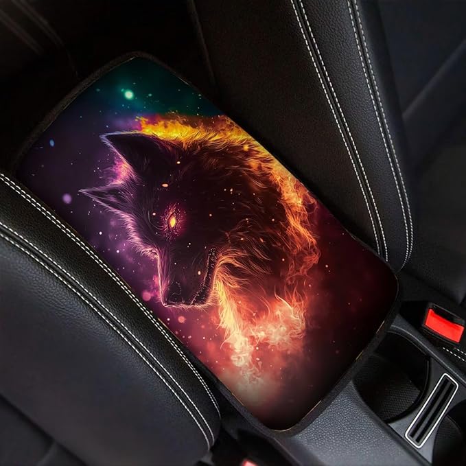 Wolf Print Center Console Armrest Pad for Cars Universal Decorative Car Armrest Box Protector Pad Easy to Install Car Decor Accessories for Sedan SUV Truck