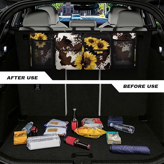 SEANATIVE Sunflowers Cow Car Backseat Trunk Organizer Auto Hanging Seat Back Storage Multipurpose Cargo Accessory - Space Saving Facilitator for SUV, Crossover, Minivan