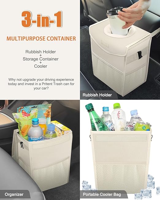 Car Trash Can with Lid, Cute Leakproof Car Trash Garbage Bag Hanging Vehicle Trash Bin Small Portable Automotive Garbage Cans Organizer for Back/Front Seat(4 Gallons,Beige)