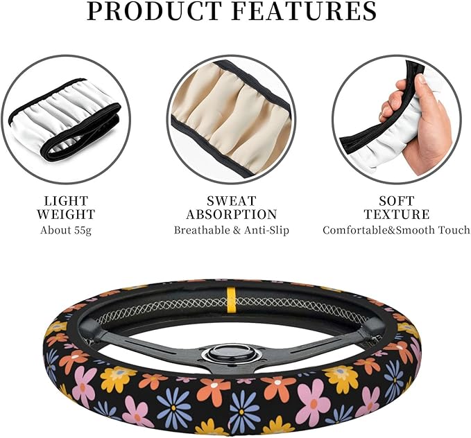 Vintage Daisy Neoprene Steering Wheel Cover Anti-Slip Elastic Flower Floral Steering Wheel Protective Cover 15in Universal Car Accessories Fit Cars, SUVs, Auto
