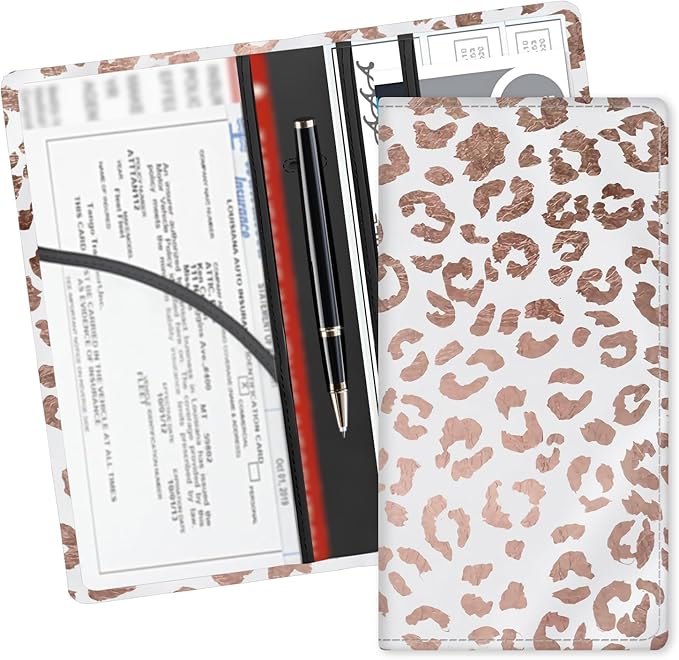 ADUQLZUX Leather Car Registration and Insurance Card Holder, Cute Car Accessories Vehicle Glove Box Car Organizer for Documents, Cards, License Pink Glitter Leopard