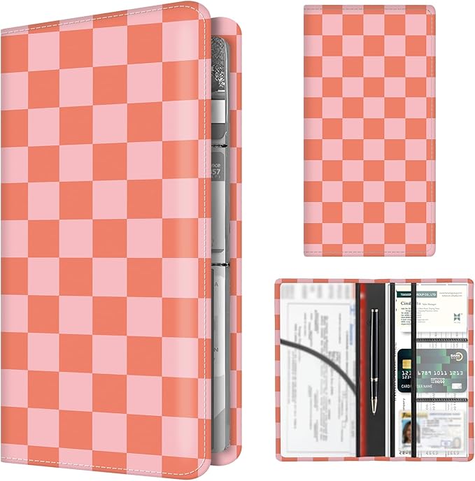 BAUCIWLD Premium Car Registration and Insurance Card Holder, Cute PU Leather Car Document Holder, Vehicle Glove Box Car Organizer with Magnetic Closure for Driver License, Cards Red Checkerboard
