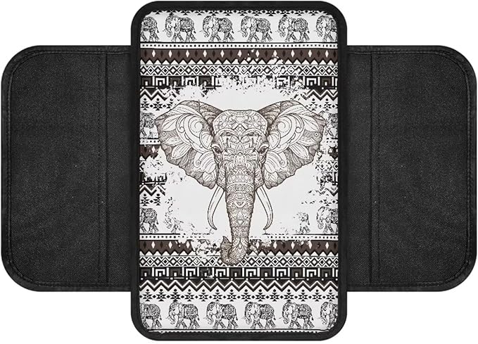 BIGCARJOB Boho Elephant Print Armrest Cover Cushion with Side Pockets Universal Middle Console Cover Vintage Elephant Print Center Console Organizer Bag Armrest Pads
