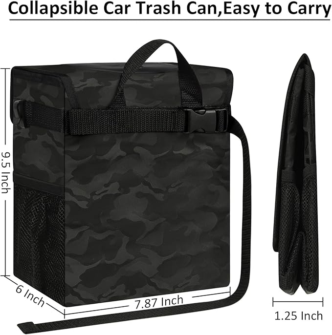 ELONGRIVER Car Trash Can Bin for Back Seat Leak Proof, Cute Car Trash Bag Hanging, Vehicle Trash Can for SUV Truck Van, Automotive Garbage Cans Front Seat Camo Black