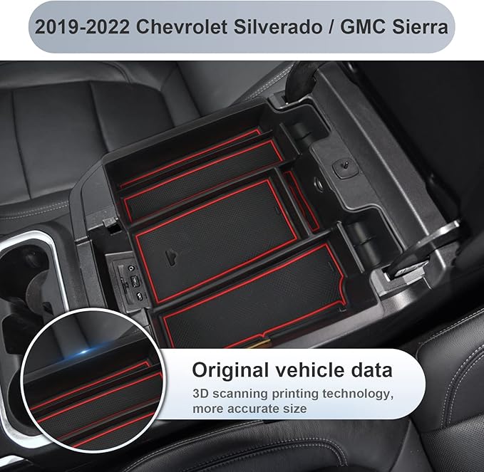 SKTU for 2019-2022 Silverado/GMC Sierra 1500 Center Console Organizer Insert ABS Black Materials Tray Armrest Secondary Storage Box Latest Interior Accessories with Coin and Sunglasses Holder (Red)