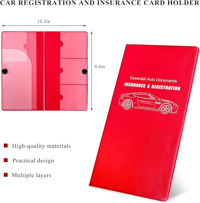 Car Registration and Insurance Holder, 9.56"×5.19" Glove Box Organizer Vehicle Document Holder, Waterproof Essential Driving License Wallet Case for Sedan Truck SUV (Large Car, Red)