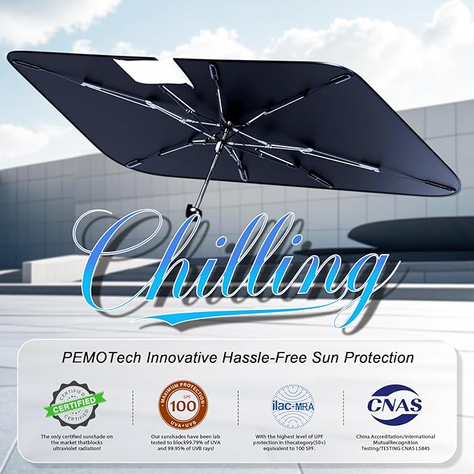 PEMOTech Car Umbrella Windshield Sun Shade | Quick-Install Reliable UV Blocker&Heat Shield | Versatile Car Sun Visor | Foldable Sun Blocker | Keep Cool&Protect Interior | Large (61"x32") for Sedan/SUV