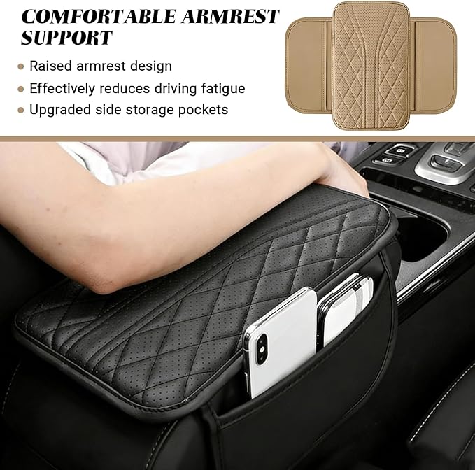 KoiLuvGo Upgraded Car Center Console Cover, Leather Auto Armrest Cover with 2 Storage Bags, Waterproof Center Console Protective Pad, Universal Cars Armrest Storage Box for Sedan, SUV, Truck (Beige)