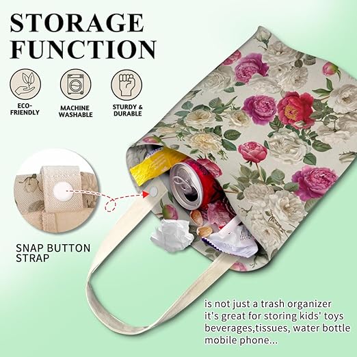 ABUIFDK Car Trash Can, Cute Car Trash Bag, Hanging Car Organizer and Storage Bag, Trash Bin for Car Accessories, Vehicle, Travelling, Camping Cute White Pink Flowers