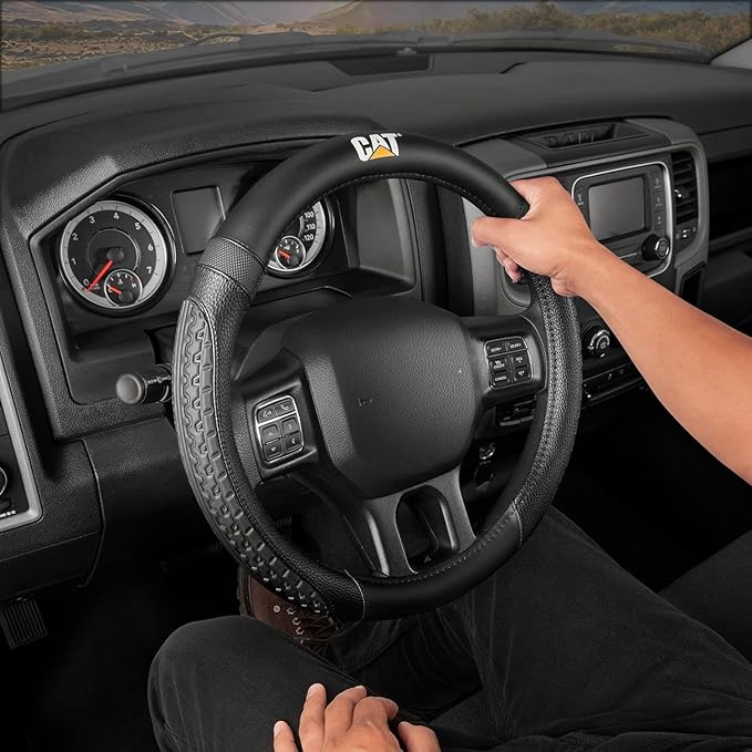 Caterpillar Car Steering Wheel Cover, Large 16 inch Size, Tire Tread Inspired Traction Grip Design, Black Steering Wheel Cover for Car Auto Truck Van SUV Bundle