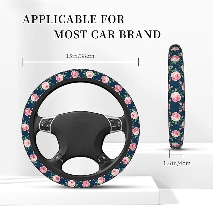 Rose Navy Floral Neoprene Steering Wheel Covers Women Men Car Accessories, Universal 15 Inch Fit Auto, Suvs, Truck