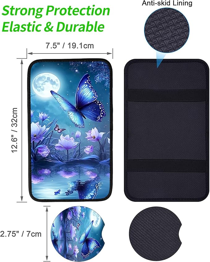 JANENFNA Car Armrest Cover Pads Universal Fashion Cute Auto Center Console Armrest Cover Pad with 2PCS Car Coasters Soft Waterproof Car Armrest Seat Protector for Women,Blue Butterfly