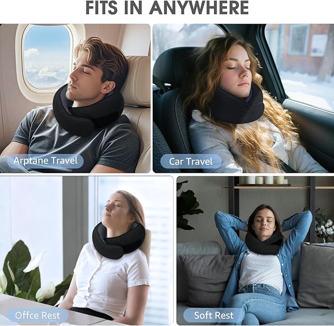 Dujuanus Neck Travel Pillows for Airplanes Memory Foam Neck Comfort Pillow Compact Ergonomic Design Sleeping Essentials for Long Flights Car Rides and Home Use (Black)