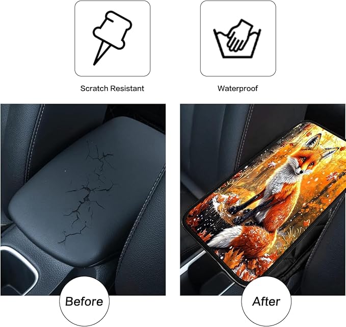 JANENFNA Car Armrest Cover Pads Universal Fashion Cute Auto Center Console Armrest Cover Pad with 2PCS Car Coasters Soft Waterproof Car Armrest Seat Protector for Women,Maple Leaf Fox