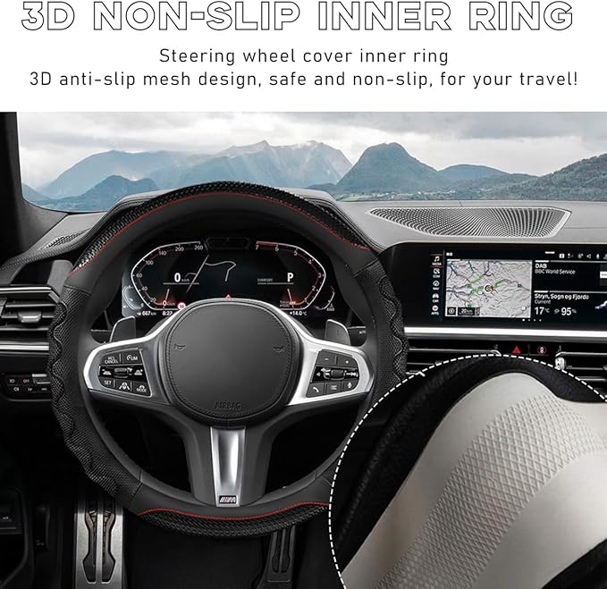 Car Steering Wheel Cover, 15 Inch Leather Round Comfy Grip Steering Wheel Protector, Anti-Slip Steering Wheel Cover with 3D Honeycomb for Most Vehicles, Car Accessories (Black)