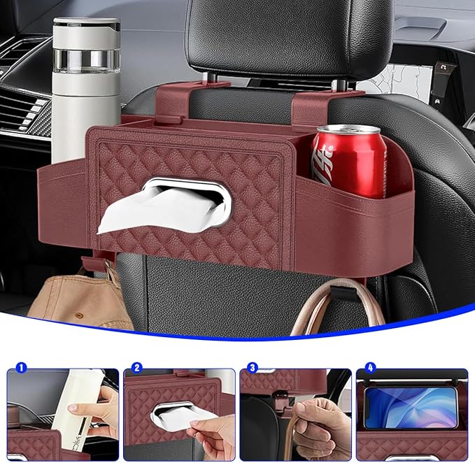 Mandark Car Headrest Backseat Organizer, Multifunctional Vehicle Seat Back Storage Box with Drink Cup Holder and Hooks, Automotive Travel Accessories, Universal for SUV, Sedan, Truck (Wine Red)