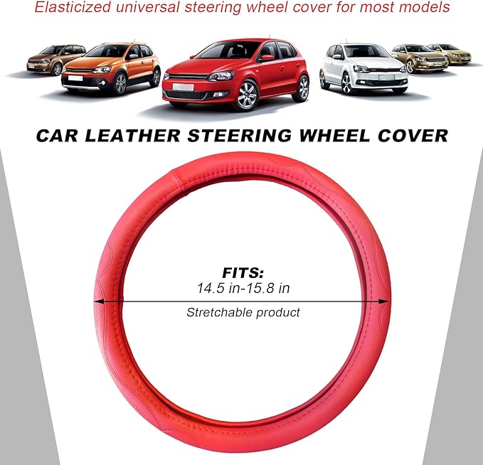 15 Inch Leather Steering Wheel Cover, Breathable Anti-Slip Steering Wheel Protector Cover, Elastic Soft Comfortable Universal Wheel Cover for Men and Women, Car Accessories (Red)
