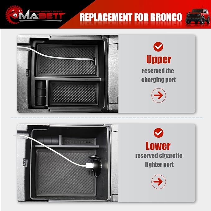 Mabett Console Organizer Tray for Bronco Accessories, Armrest Storage Box fit Bronco 2021 2022 2023 2024 2/4-Door with Non-Slip Mat Black (Not Fits 2025 Verison)
