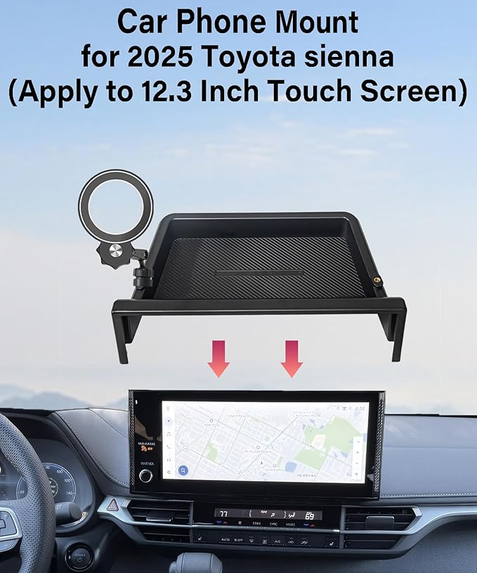 Car Phone Holder for 2025 Toyota Sienna Accessories Apply to 12.3 Inch Screen Fixed Clip Magnetic Cell Phone Mount Hands-Free 360 Degree Rotation with Dashboard Storage Tray