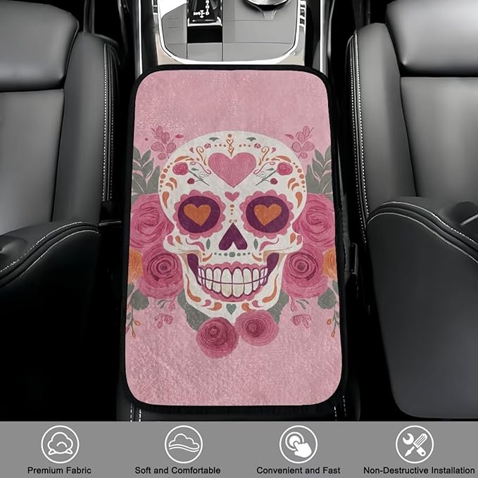 Bulopur Valentine's Day Skeleton Rose Center Console Cover Easy to Install Car Armrest Cushion Flannel Protector Protect from Pet Claws Thickened Universal Fit for Vehicles,Cars,Suvs,Vans,Sedans