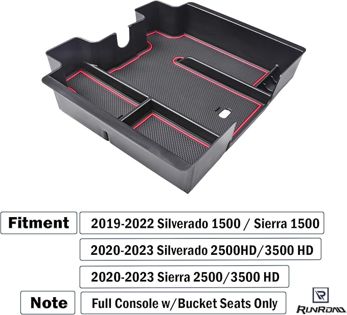RUNROAD Center Console Organizer Tray Compatible with 2019-2022 Chevy Silverado 1500/GMC Sierra 1500 and 20-23 Silverado/Sierra 2500HD/3500HD Accessories, Full Console with Bucket Seats ONLY, Red