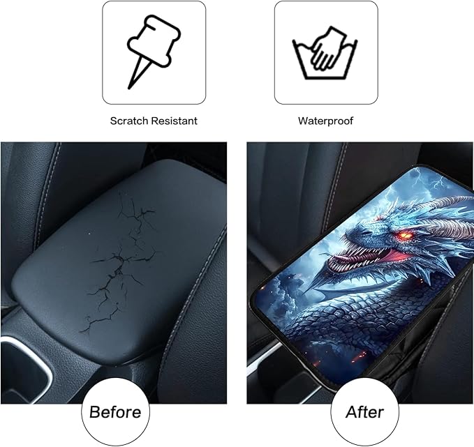 JANENFNA Car Armrest Cover Pads Universal Fashion Cute Auto Center Console Armrest Cover Pad with 2PCS Car Coasters Soft Waterproof Car Armrest Seat Protector for Women,Ice Dragon