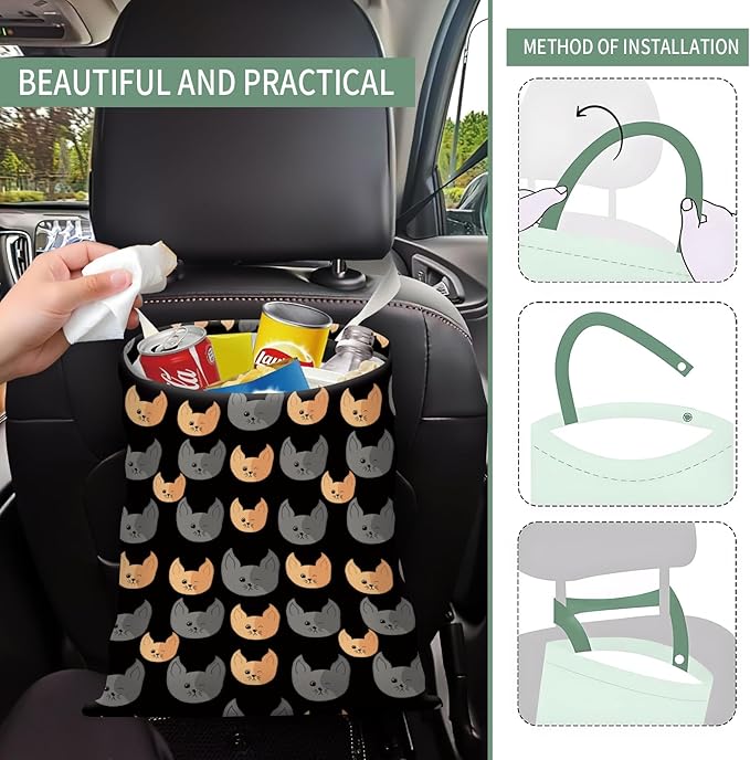 AXZOPDE Cute Car Trash Can, Hanging Canvas Car Back Seat Organizer and Storage Bag, Funny Car Trash Bag for Travelling, Outdoor Funny Grey Yellow Cats