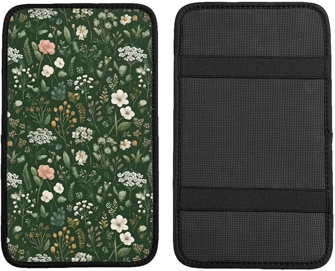Green Floral Print Car Armrest Cushion Cute Flower Leaf Middle Console Lid Cover Pad Protector Scratch Resistant Arm Rest Seat Box Covers