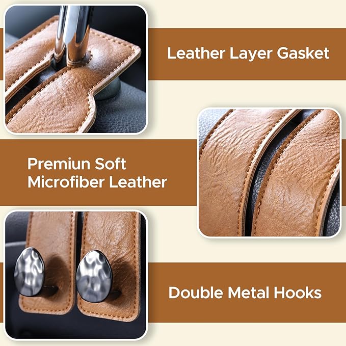 URIZZD 4 PCS Leather Car Seat Hooks for Headrest, Vehicle Hanger Storage Organizer Universal for Handbag Purse, Car Accessories Gift (Brown-Black-4 PCS)
