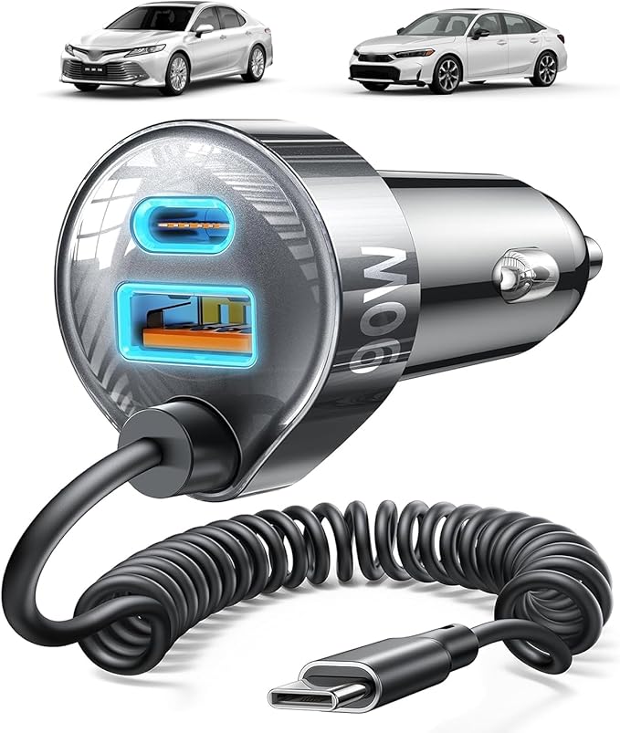 LISEN 90W Cigarette Lighter USB Charger【3.3ft for Tidy Space】,Super Fast USB C Car Charger with 45W Super Fast Charging Coild Cable Fit iPhone 17 16 15 Air Pro Max Plus,Samsung Galaxy S25/24,Android
