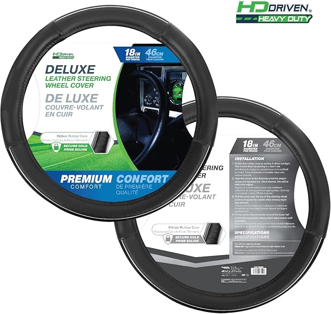 HD Driven SWC Premium Black Leather Steering Wheel Cover – 18” Diameter for Semi-Trucks, Ribbed Rubber Core & High-Performance Leather, Vehicle Accessories