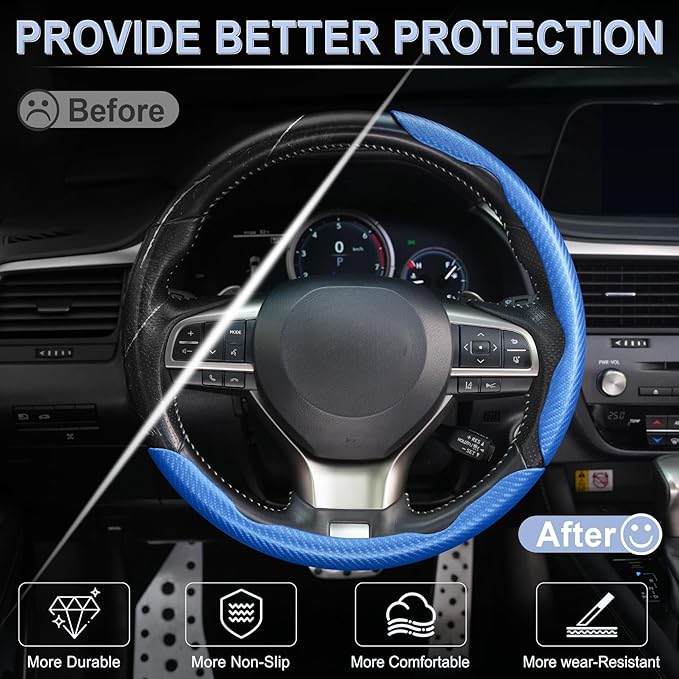 Amiss 3pcs Carbon Fiber Anti-Skid Steering Wheel Cover, Waterproof & Segmented Butterfly Design, Universal 99% Vehicle Wheel Cover Protector, Car Interior Accessories, Blue