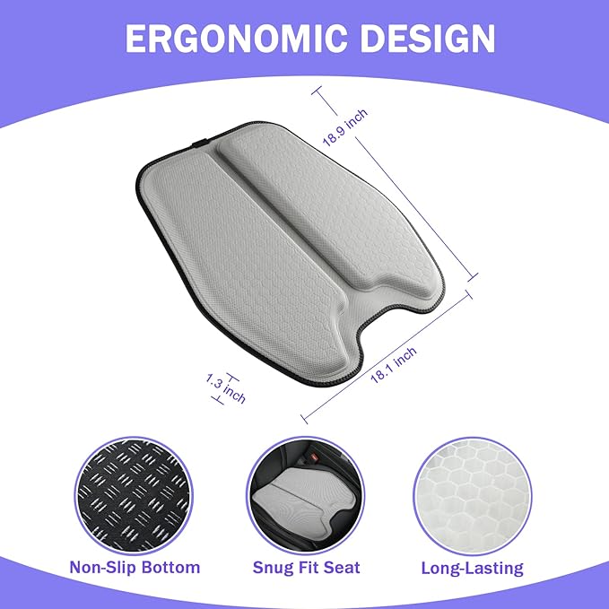 Soft Thin Gel Seat Cushion for Car Seat, Office Chair, Wheelchair, Stadium - Non-Slip Car Seat Cushions with 1 Inch Gel - Sciatica & Tailbone Pain Relief (Light Gray)