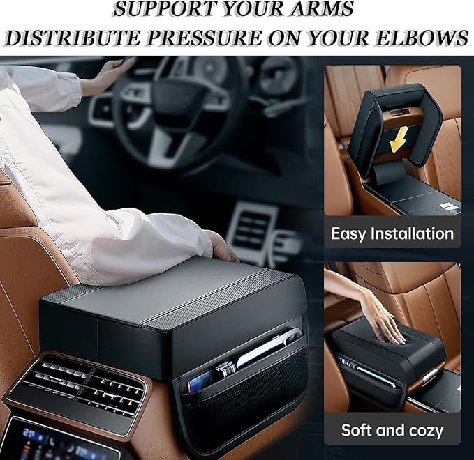 Car Armrest Cushion for Infiniti QX80 2004–2019 2020 2021 2021 2022 2023 2024, PU Leather Center Console Pad with Storage Pockets, Auto Arm Rest Support Protector for Cars, SUVs & Trucks